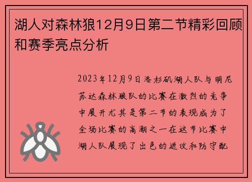 湖人对森林狼12月9日第二节精彩回顾和赛季亮点分析