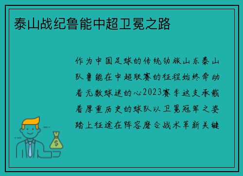 泰山战纪鲁能中超卫冕之路